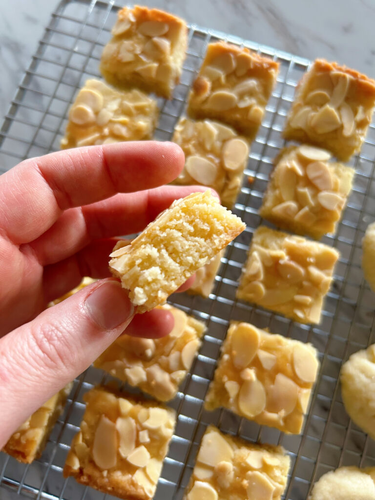 Small squares of dutch buttercake (Boterkoek) cooling on a wire rack while one is held above them between two fingers to show the dense texture.